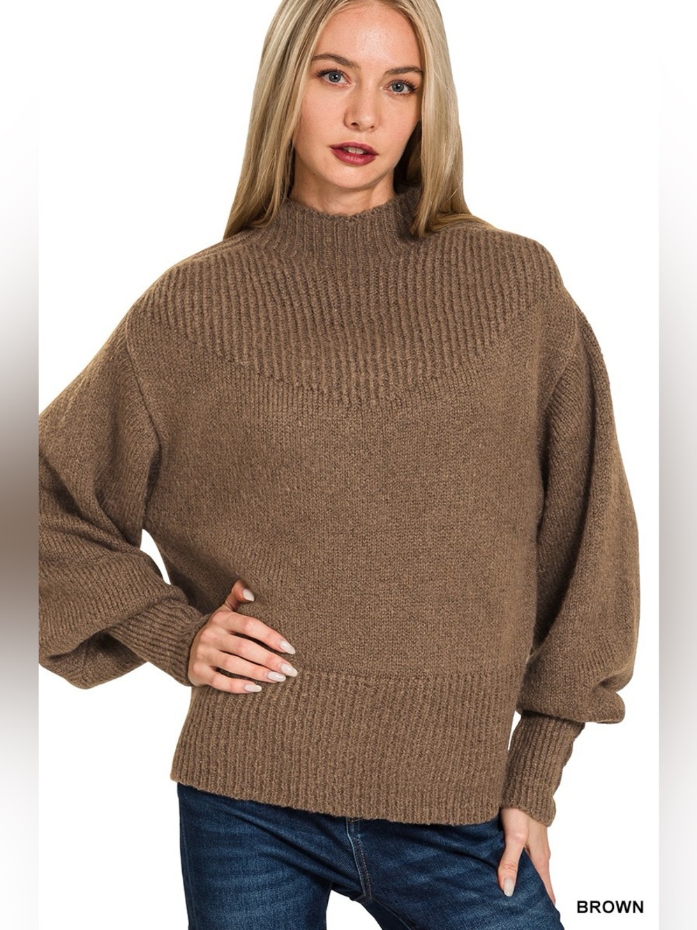 Zenana Balloon Sleeve Mock Neck Sweater
